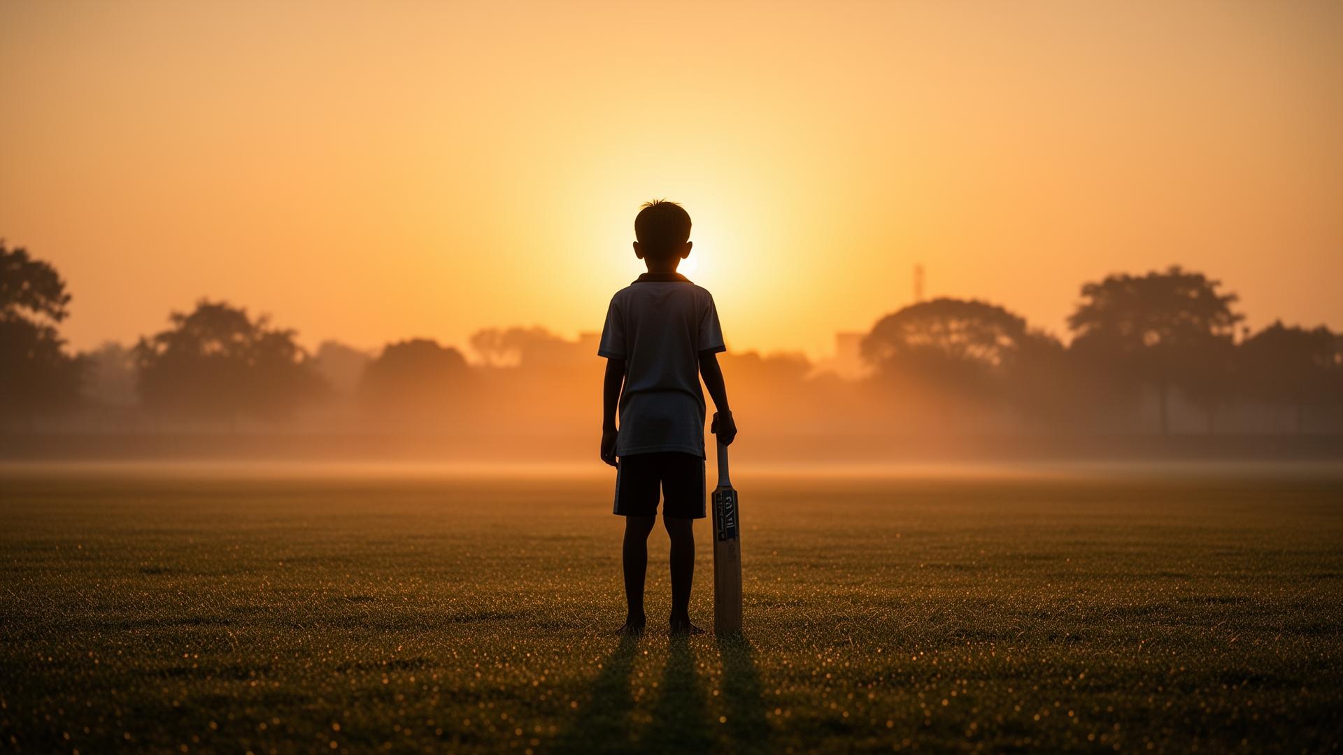 A young athlete standing on a field at sunrise